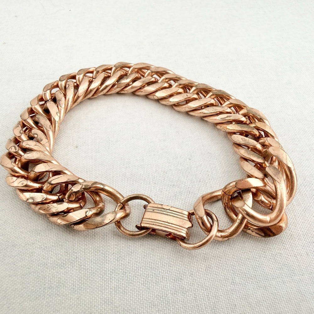 Vintage Solid Copper Cuban Link Chain Bracelet Unisex Signed 7.5" Heavy 53 g